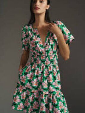 Anthropologie Somerset Floral Green & Pink Dress L